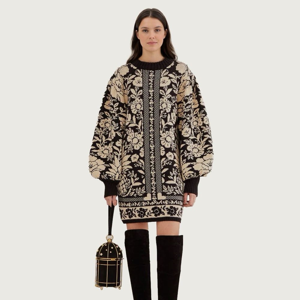 NWT FARM RIO Black Pineapple Garden Mini Sweater Dress